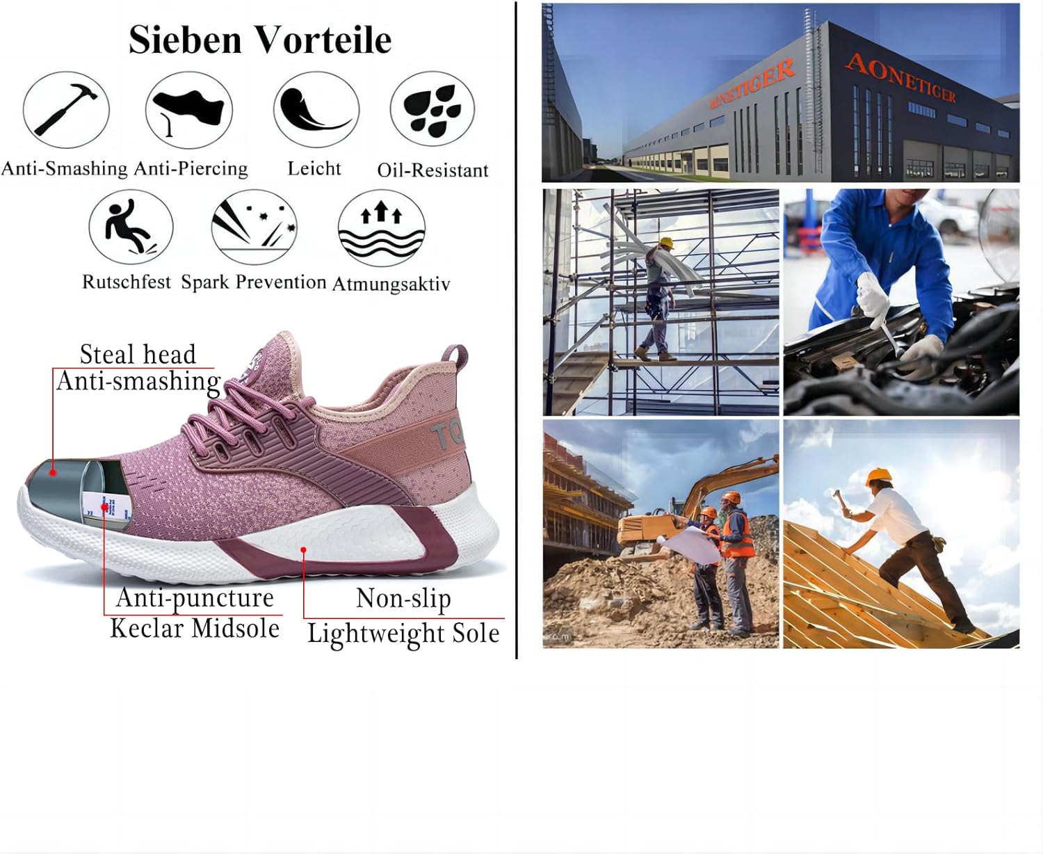 AONETIGER Sicherheitsschuhe Herren Damen Leicht Arbeitsschuhe Stahlkappe Sportlich Schutzschuhe Atmungsaktiv rutschfest Schuhe Sneaker 30 - rockonmodels.de