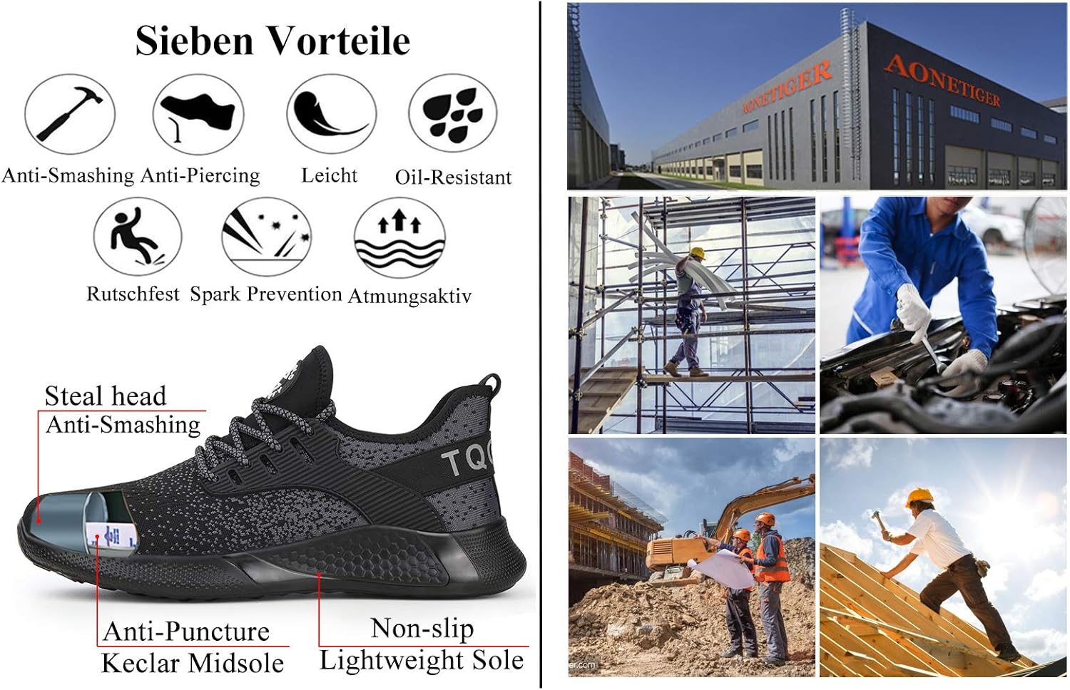 AONETIGER Sicherheitsschuhe Herren Damen Leicht Arbeitsschuhe Stahlkappe Sportlich Schutzschuhe Atmungsaktiv rutschfest Schuhe Sneaker 36 71PU0kdX2iL. AC SL1500 - rockonmodels.de