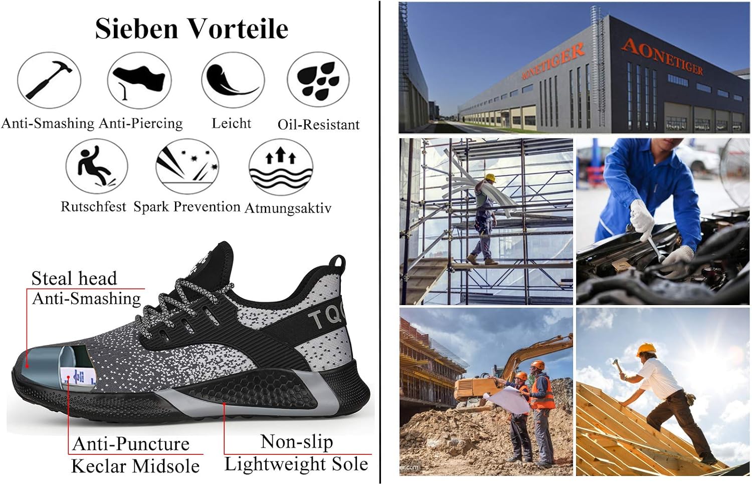AONETIGER Sicherheitsschuhe Herren Damen Leicht Arbeitsschuhe Stahlkappe Sportlich Schutzschuhe Atmungsaktiv rutschfest Schuhe Sneaker 16 81tOZIChTGL. AC SL1500 - rockonmodels.de